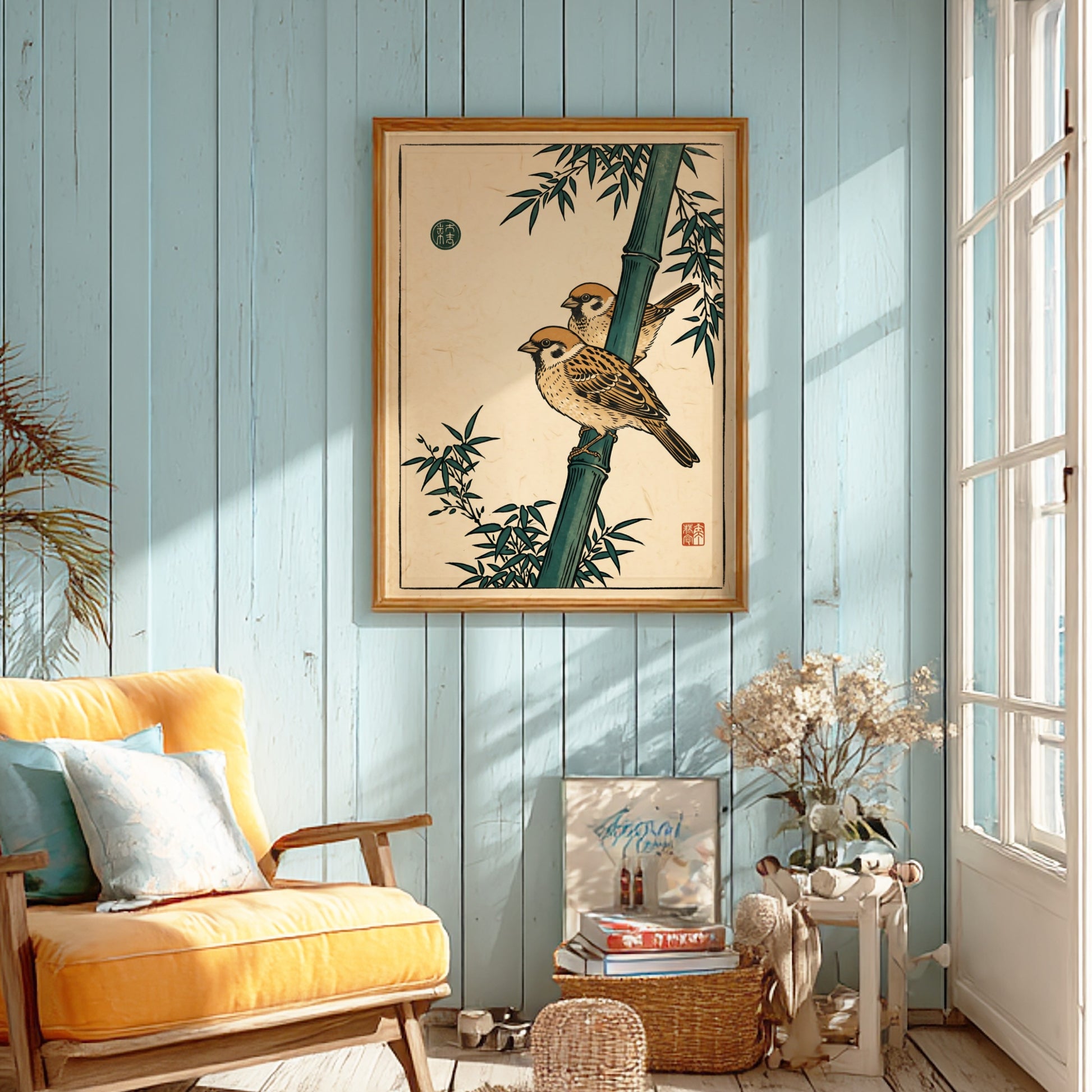 Japanese art style poster featuring sparrows on bamboo in warm colors