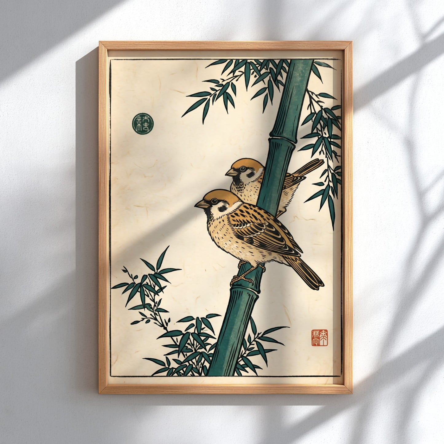 Japanese art style poster featuring sparrows on bamboo in warm colors
