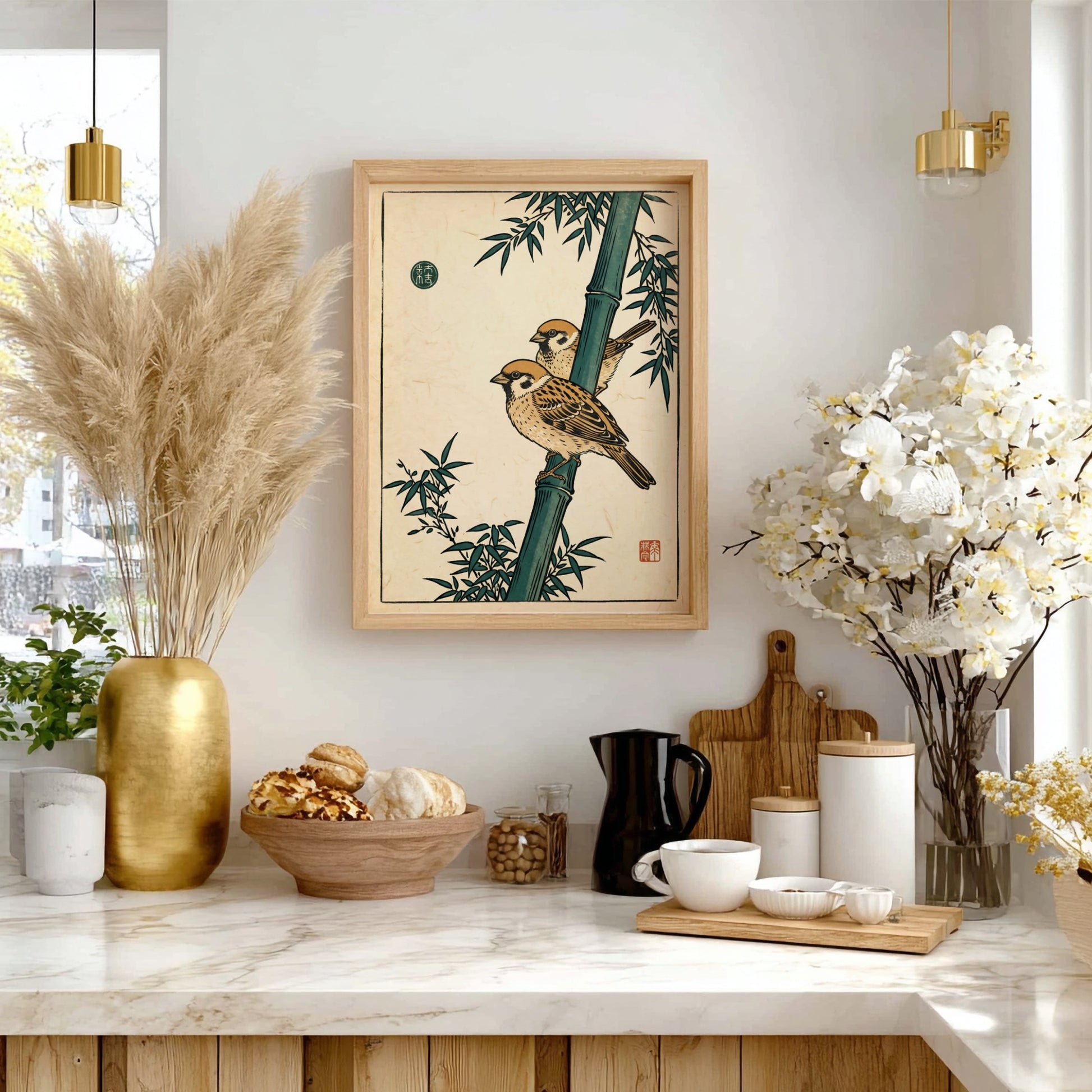 Japanese art style poster featuring sparrows on bamboo in warm colors