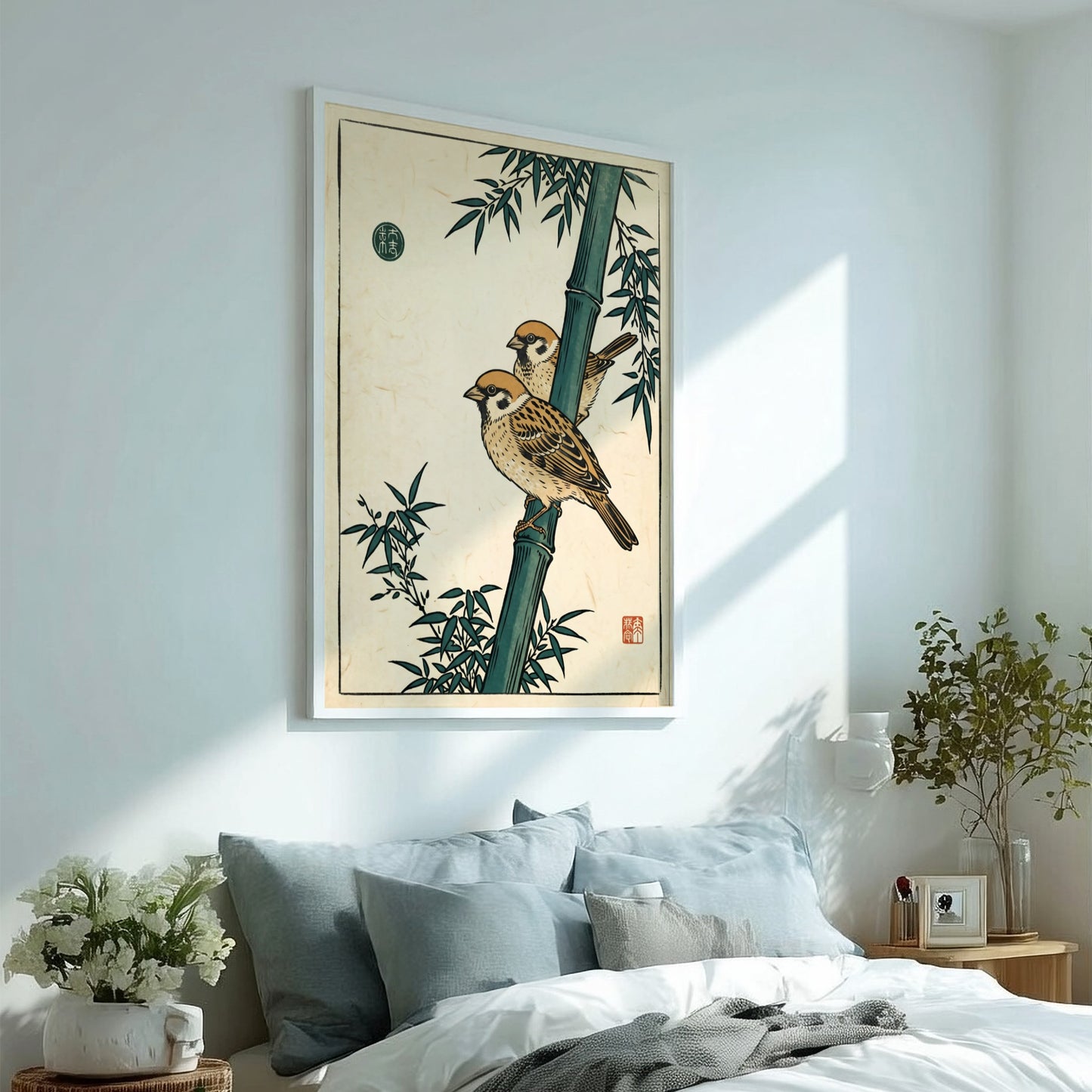 Japanese art style poster featuring sparrows on bamboo in warm colors