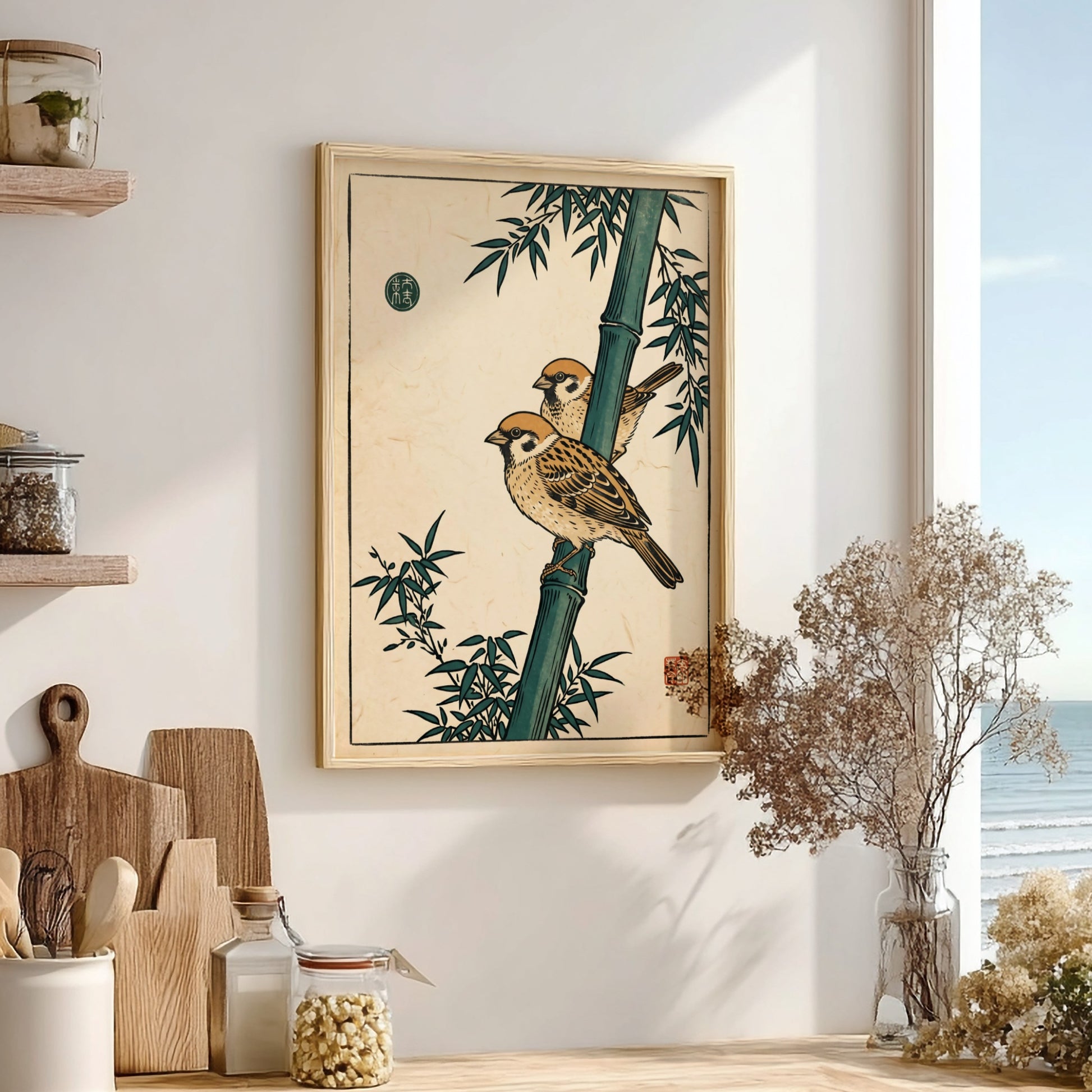 Japanese art style poster featuring sparrows on bamboo in warm colors