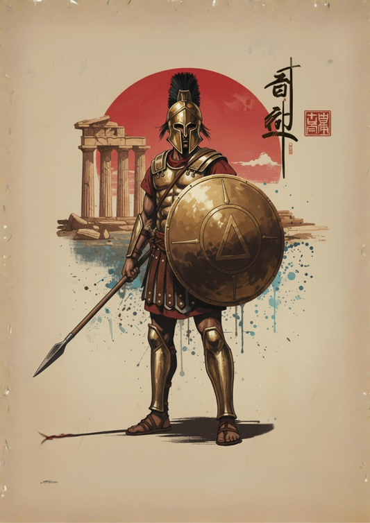 Illustration of a warrior in ancient armor with a shield and spear, set against a classical architecture background.