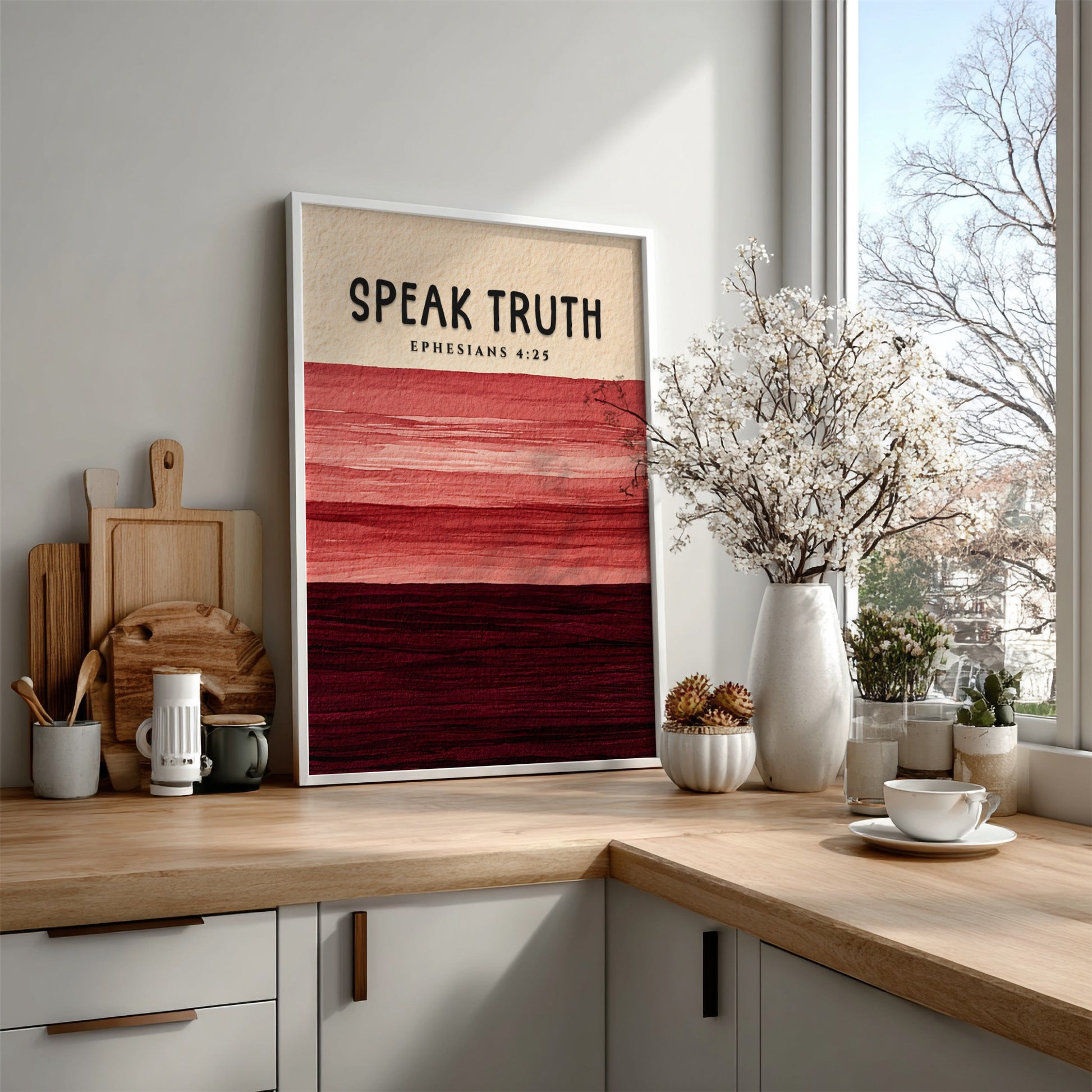 Inspirational poster featuring Ephesians 4:25 with earthy tones and layered texture