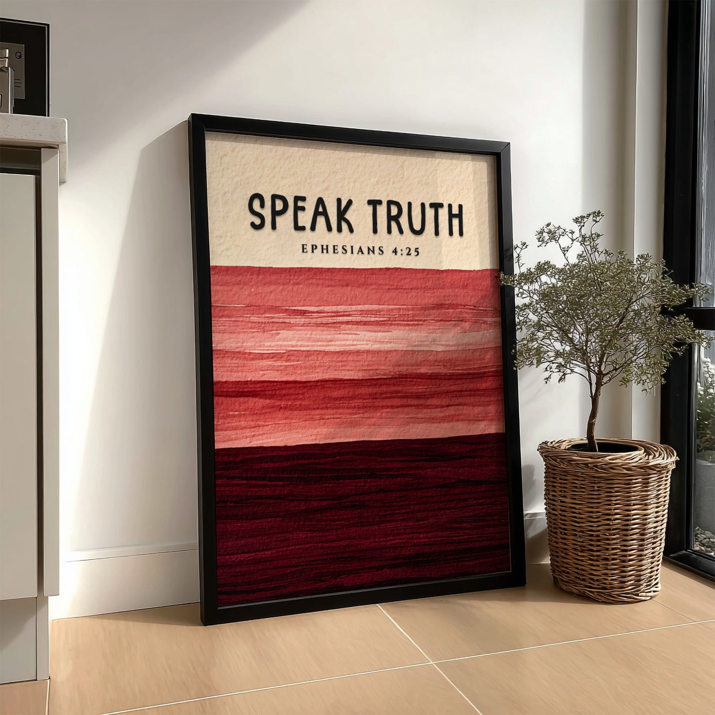 Inspirational poster featuring Ephesians 4:25 with earthy tones and layered texture