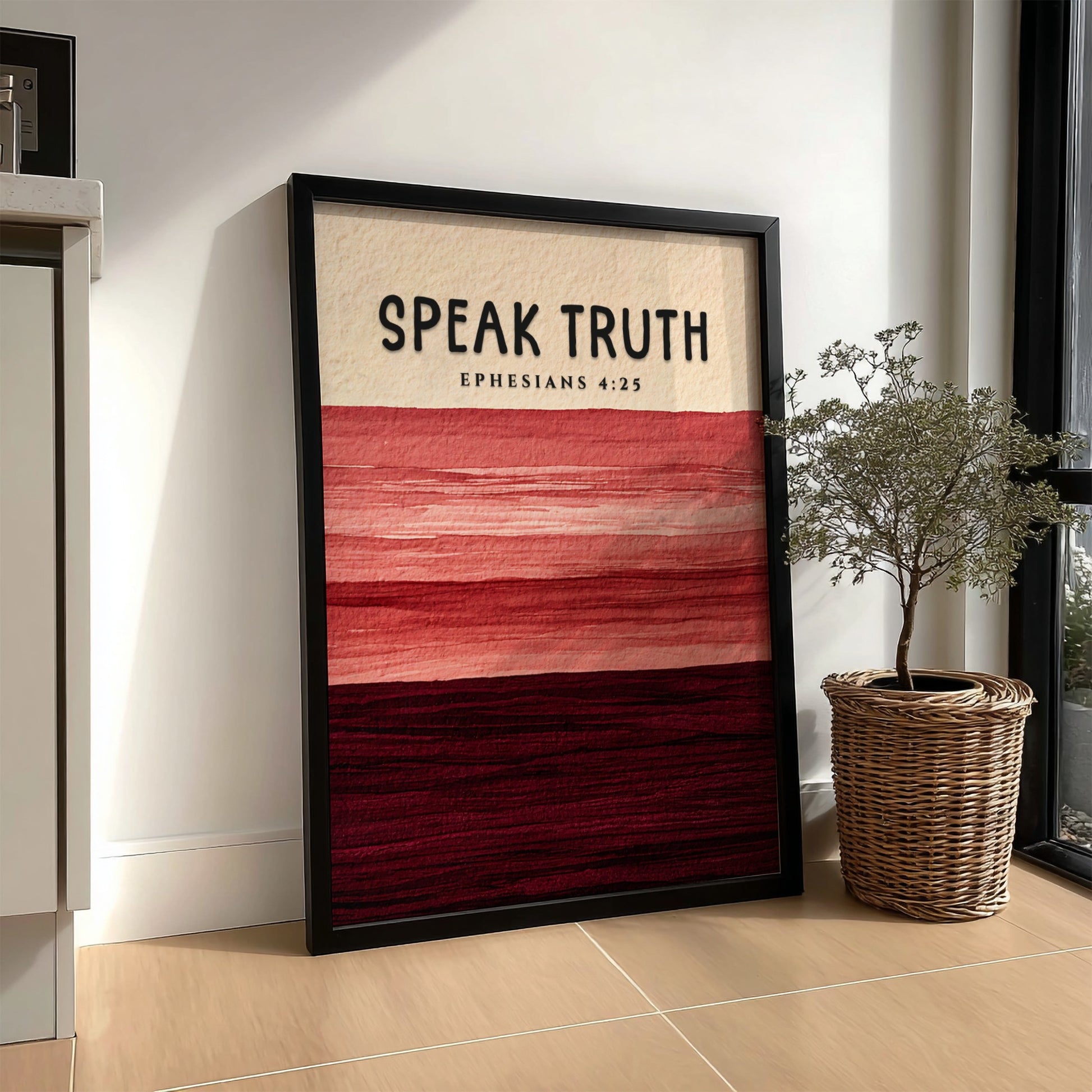 Inspirational poster featuring Ephesians 4:25 with earthy tones and layered texture