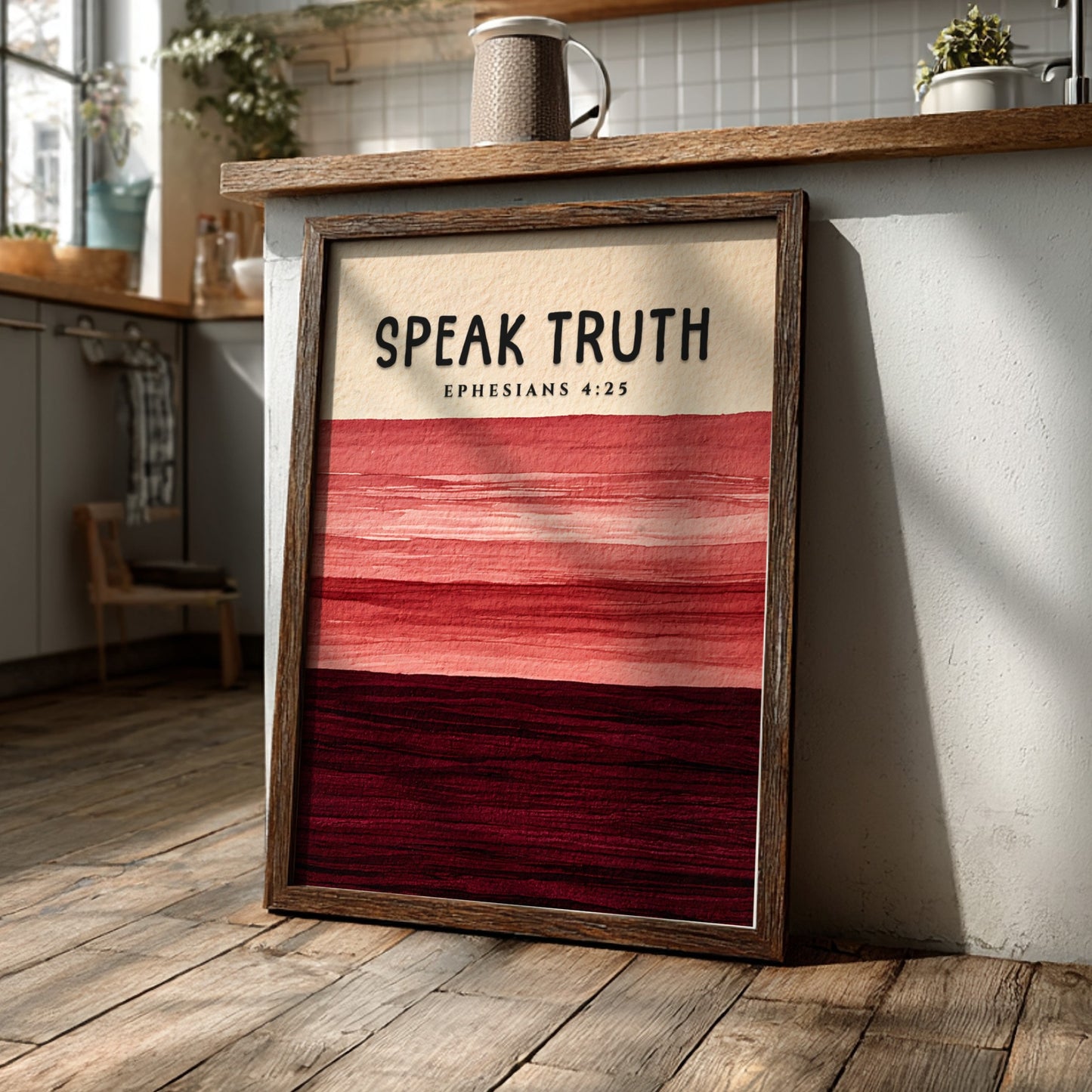 Inspirational poster featuring Ephesians 4:25 with earthy tones and layered texture