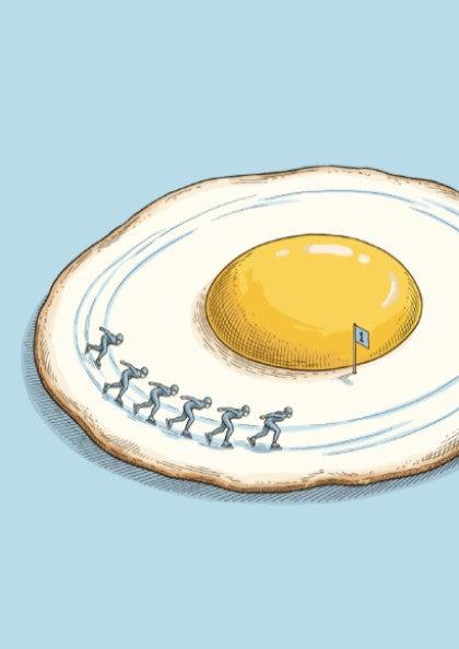 Poster featuring speed skaters racing on a fried egg with a blue background