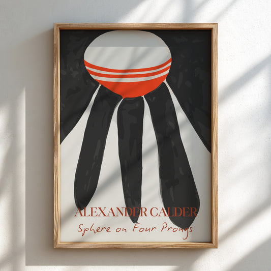 Poster of Alexander Calder's abstract drawing 'Sphere on Four Prongs' in red, white, black, and grey.