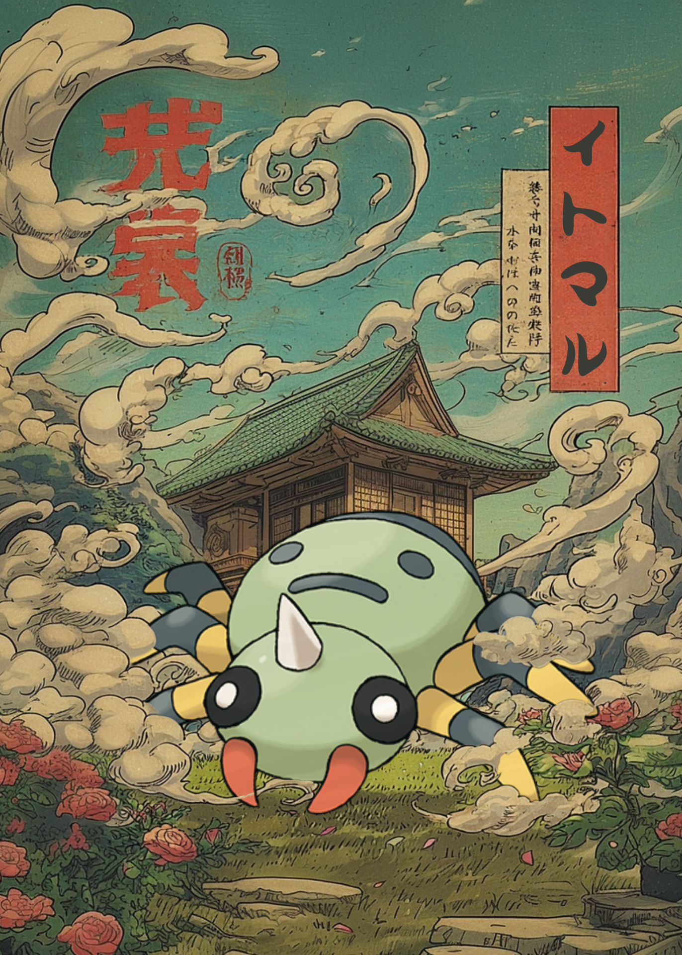 Spinarak Pokémon in a traditional Japanese setting with clouds and a building.