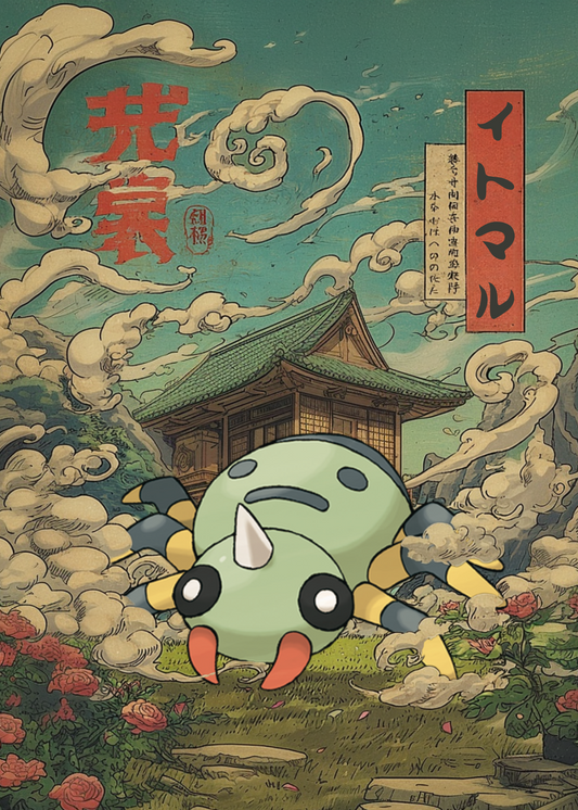 Spinarak Pokémon in a traditional Japanese setting with clouds and a building.