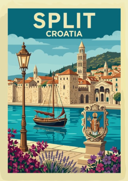 Split Croatia travel poster featuring Diocletian's Palace, sailboat, and flowers in a retro illustrative