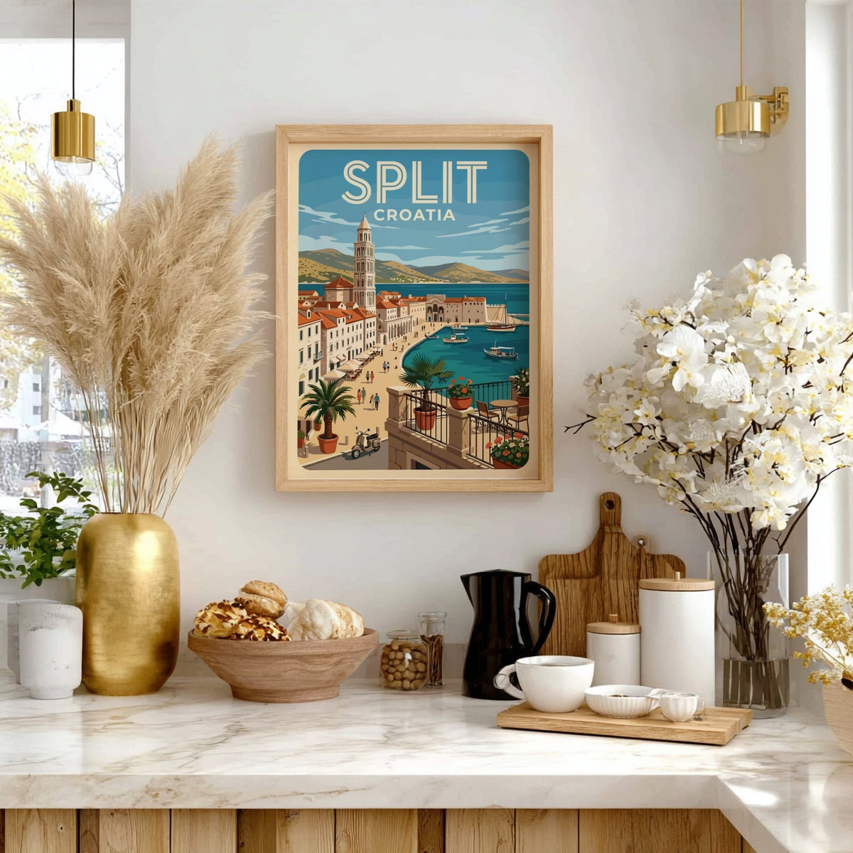 Poster of Split Croatia featuring a coastal harbor, bell tower, and Mediterranean architecture.