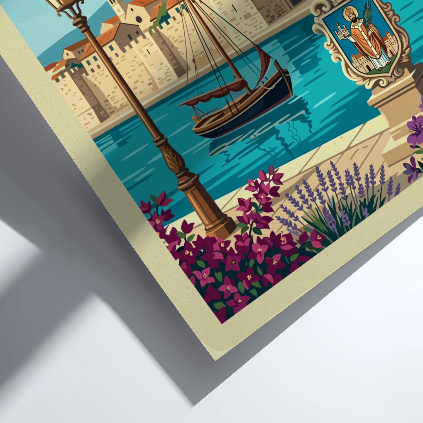 Split Croatia travel poster featuring Diocletian's Palace, sailboat, and flowers in a retro illustrative