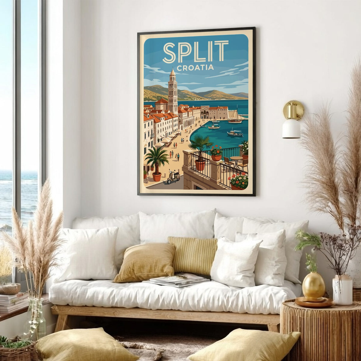 Poster of Split Croatia featuring a coastal harbor, bell tower, and Mediterranean architecture.