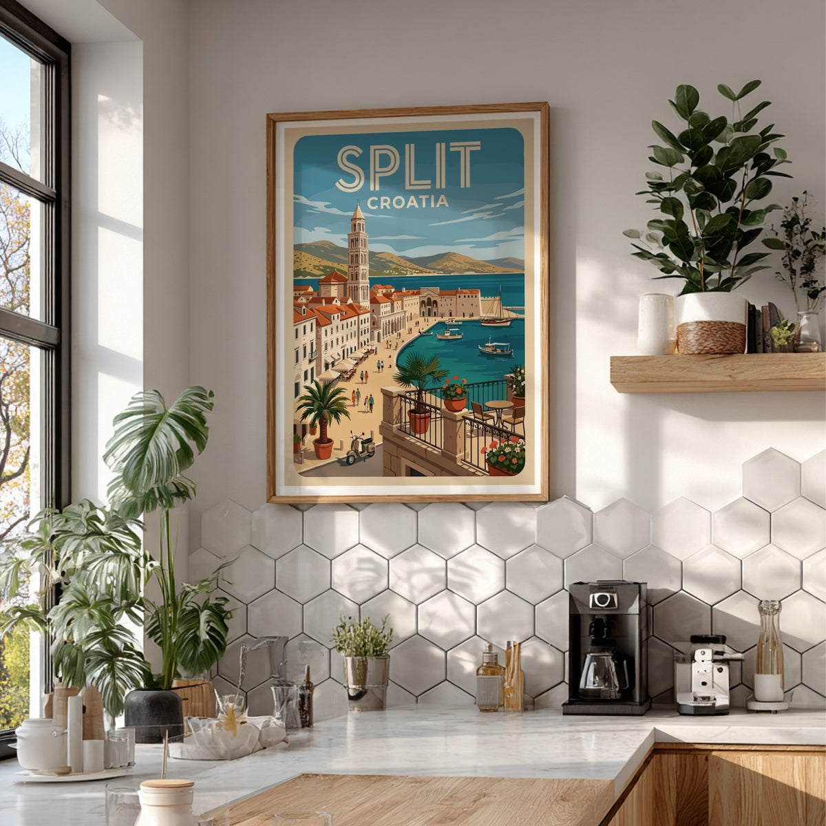 Poster of Split Croatia featuring a coastal harbor, bell tower, and Mediterranean architecture.