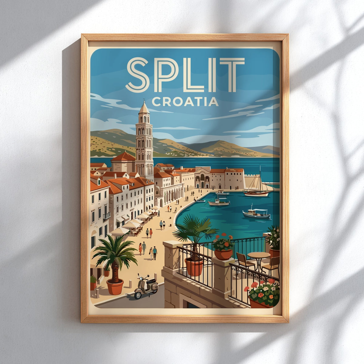 Poster of Split Croatia featuring a coastal harbor, bell tower, and Mediterranean architecture.