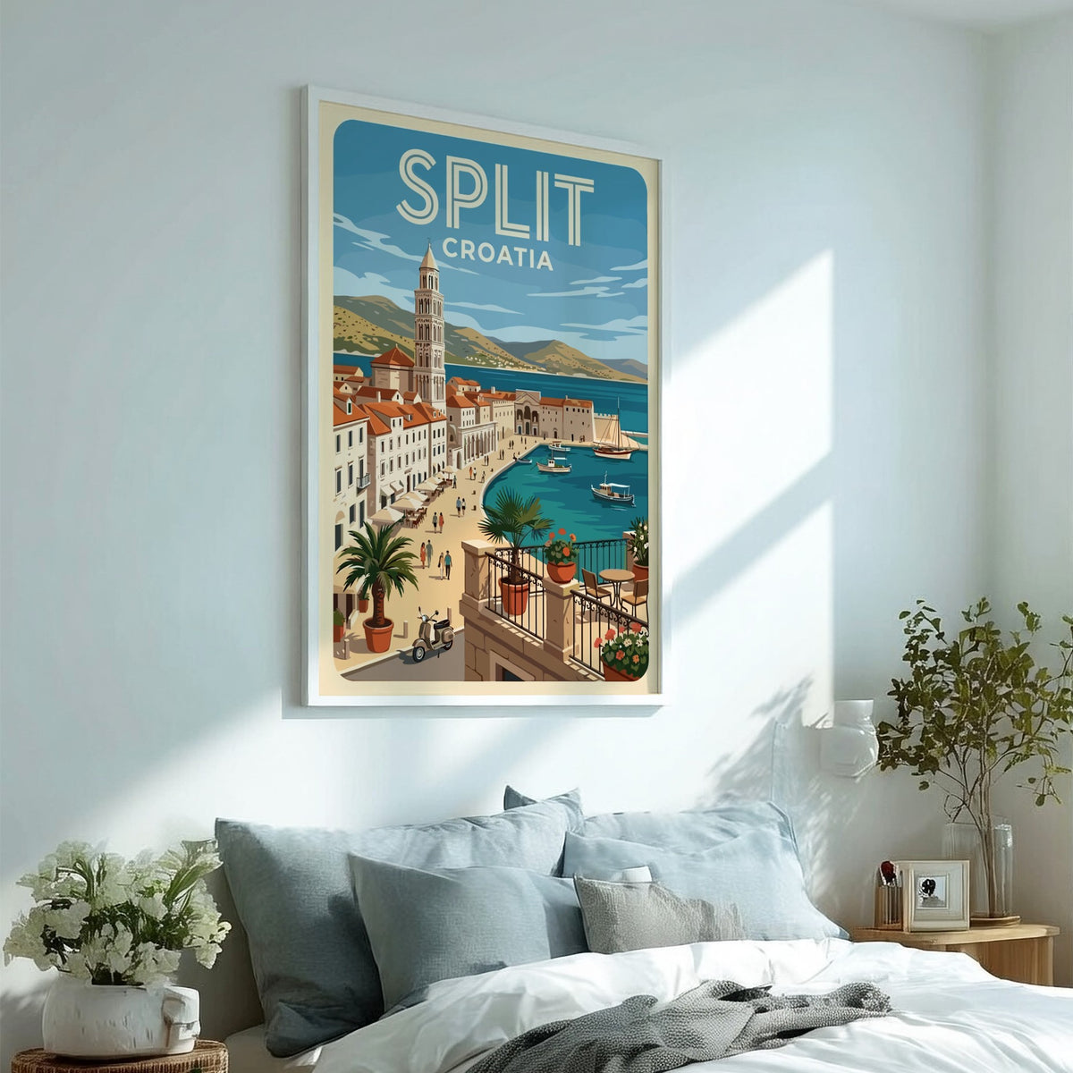 Poster of Split Croatia featuring a coastal harbor, bell tower, and Mediterranean architecture.