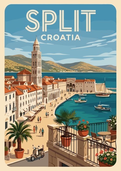 Poster of Split Croatia featuring a coastal harbor, bell tower, and Mediterranean architecture.