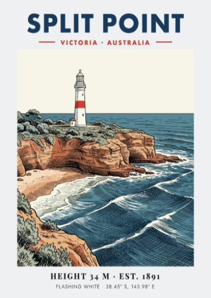 Poster of Split Point lighthouse in Victoria, Australia, featuring rugged cliffs and waves.