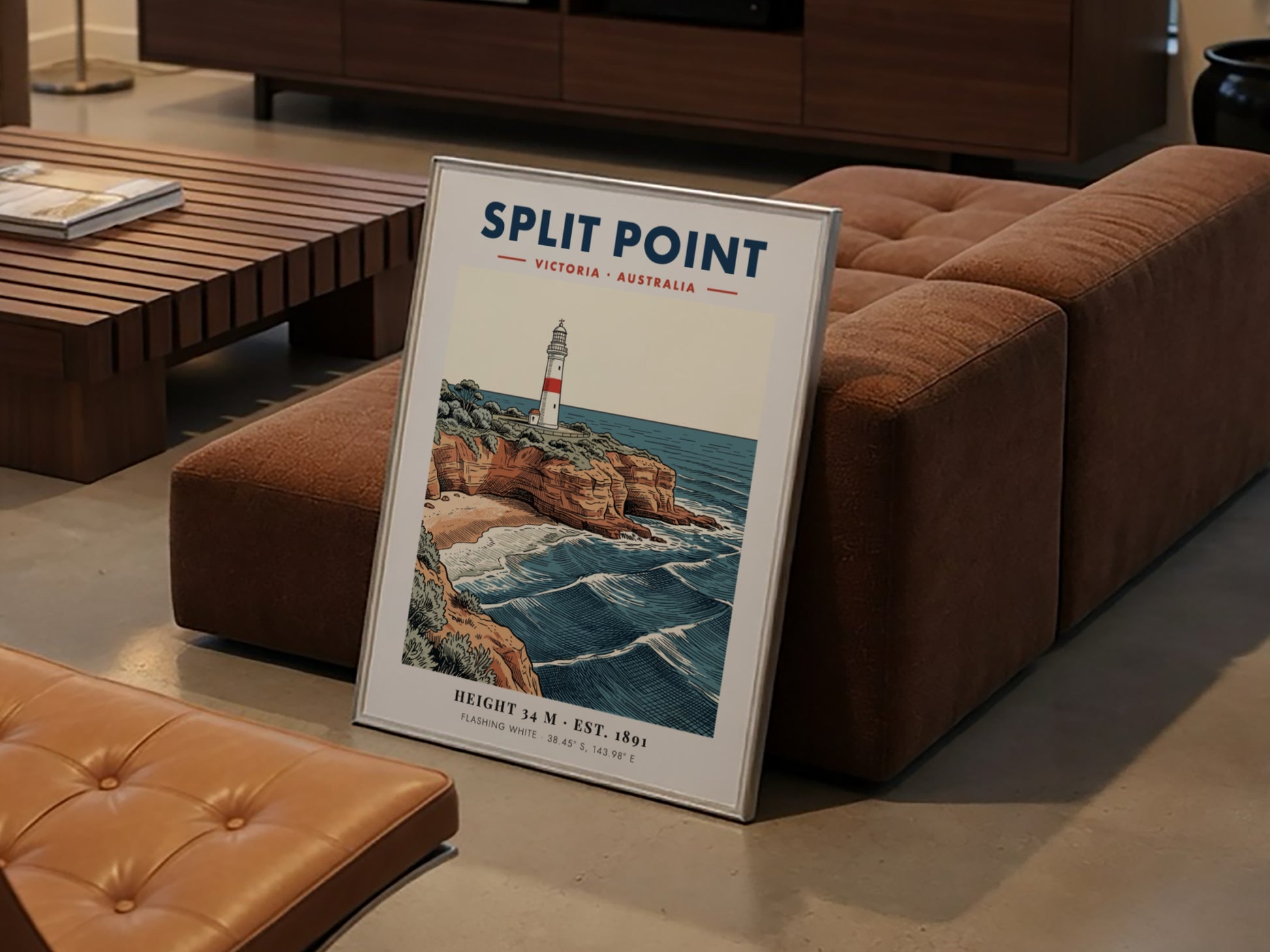 Poster of Split Point lighthouse in Victoria, Australia, featuring rugged cliffs and waves.