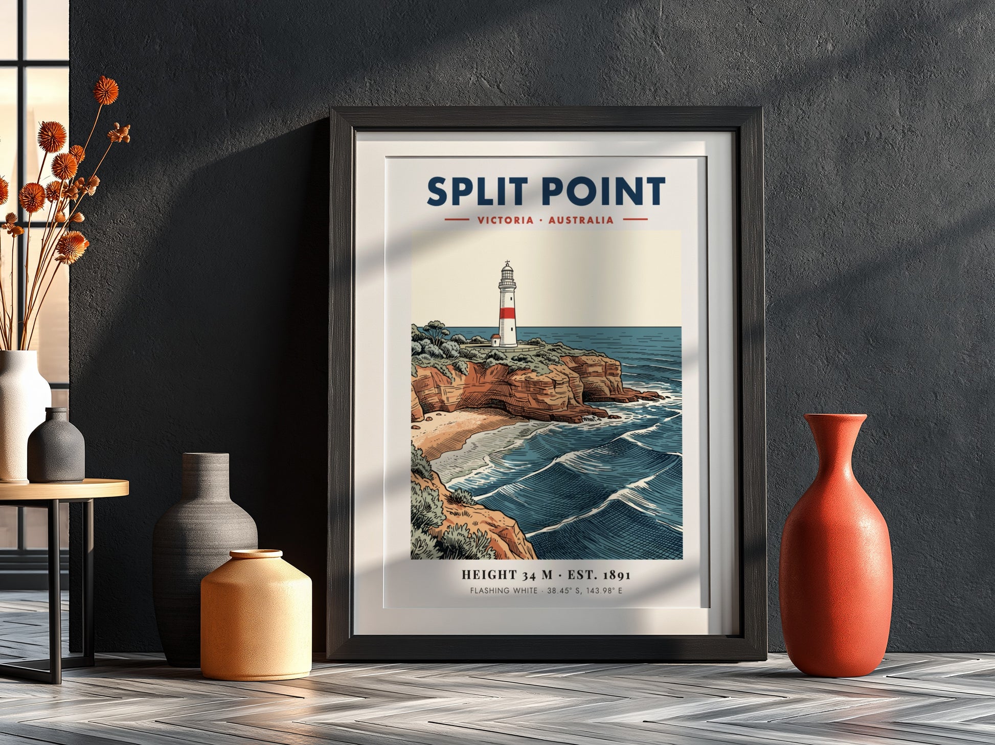 Poster of Split Point lighthouse in Victoria, Australia, featuring rugged cliffs and waves.