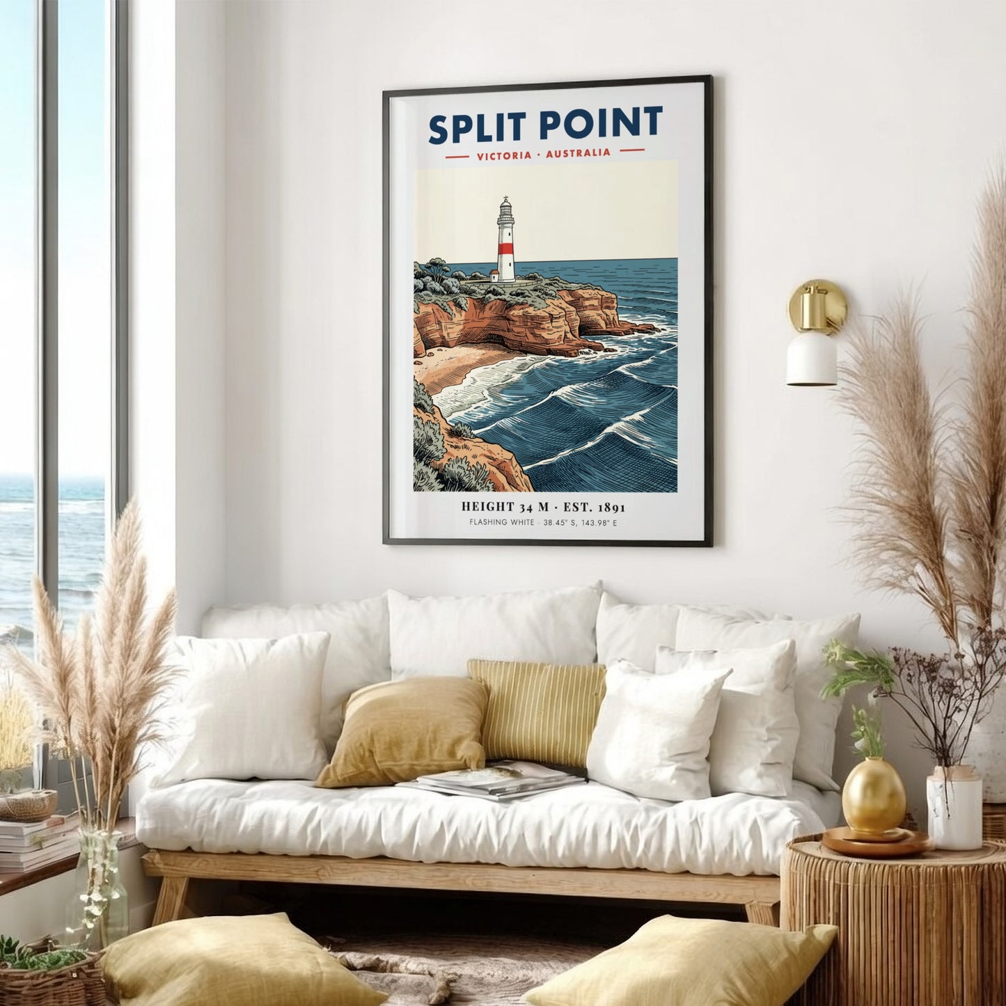 Poster of Split Point lighthouse in Victoria, Australia, featuring rugged cliffs and waves.