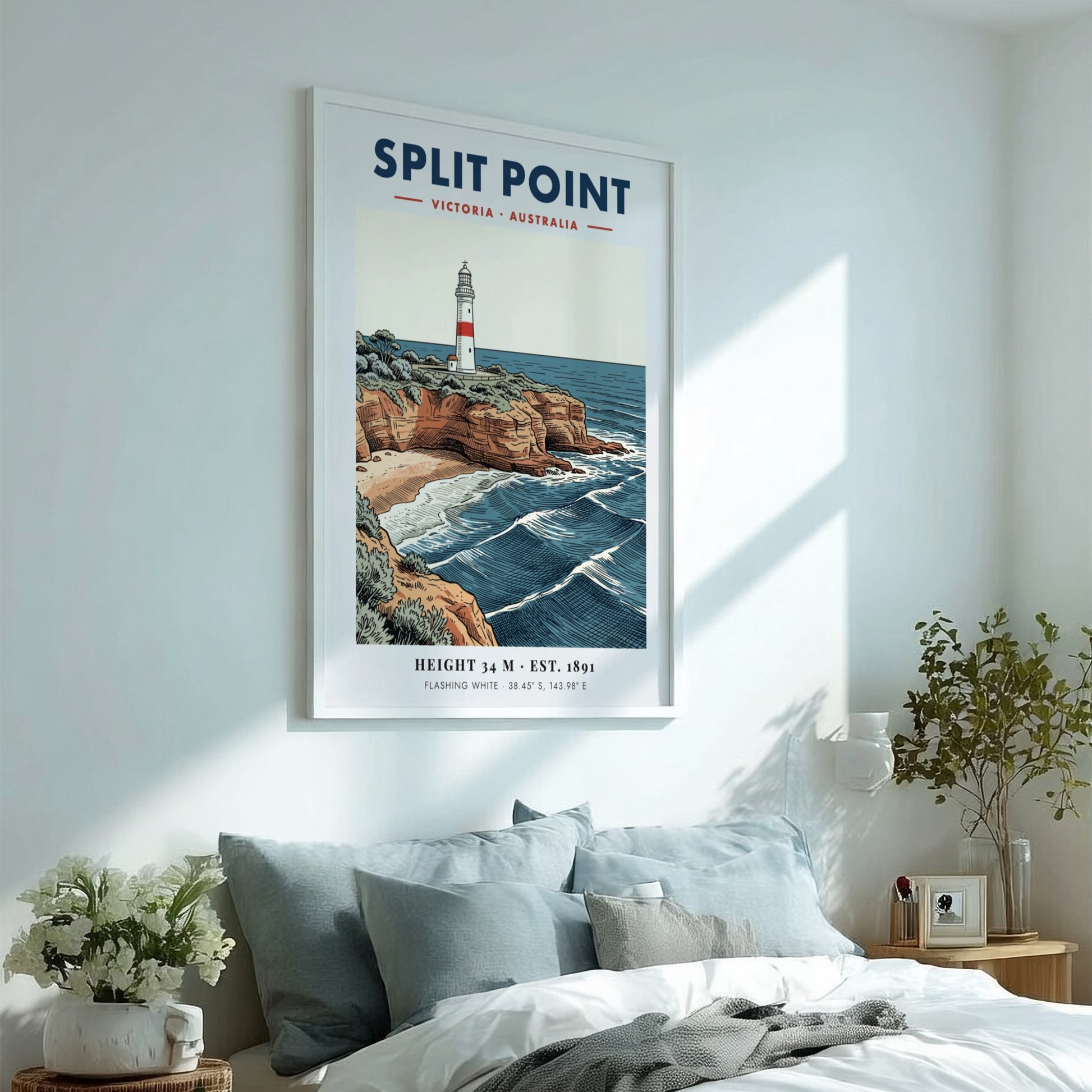 Poster of Split Point lighthouse in Victoria, Australia, featuring rugged cliffs and waves.