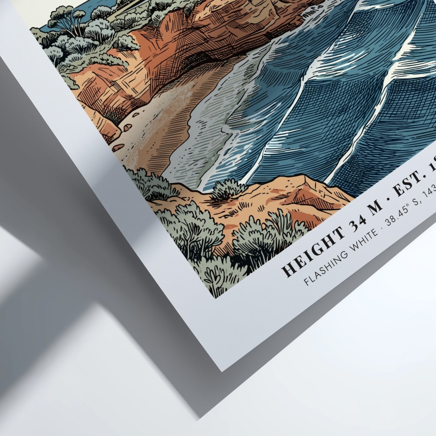 Poster of Split Point lighthouse in Victoria, Australia, featuring rugged cliffs and waves.