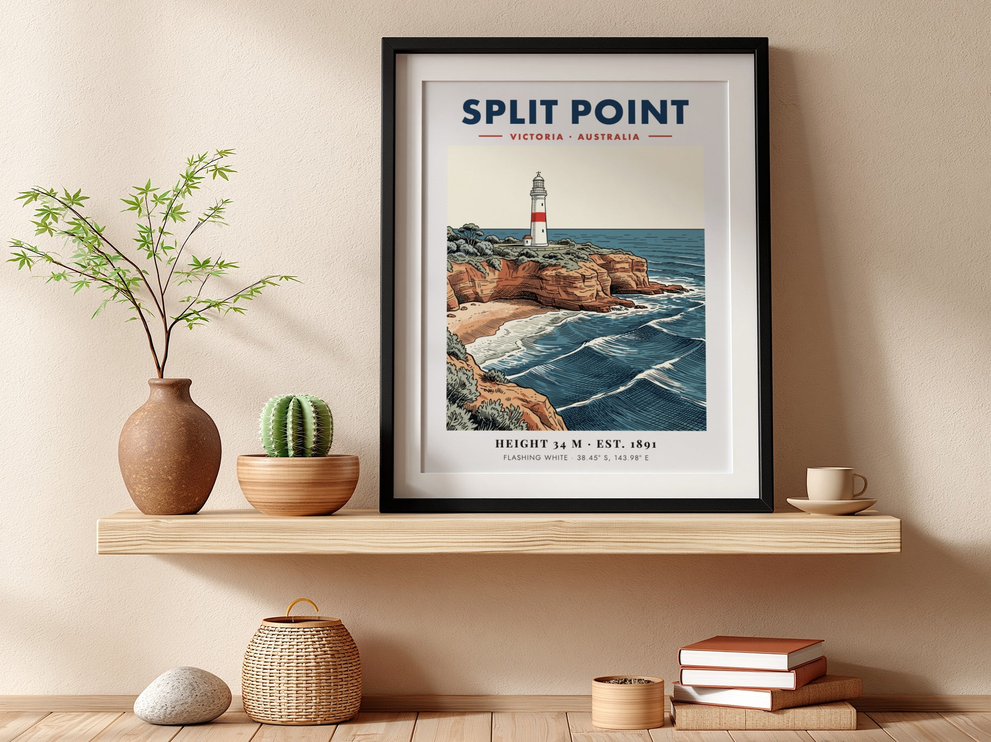 Poster of Split Point lighthouse in Victoria, Australia, featuring rugged cliffs and waves.