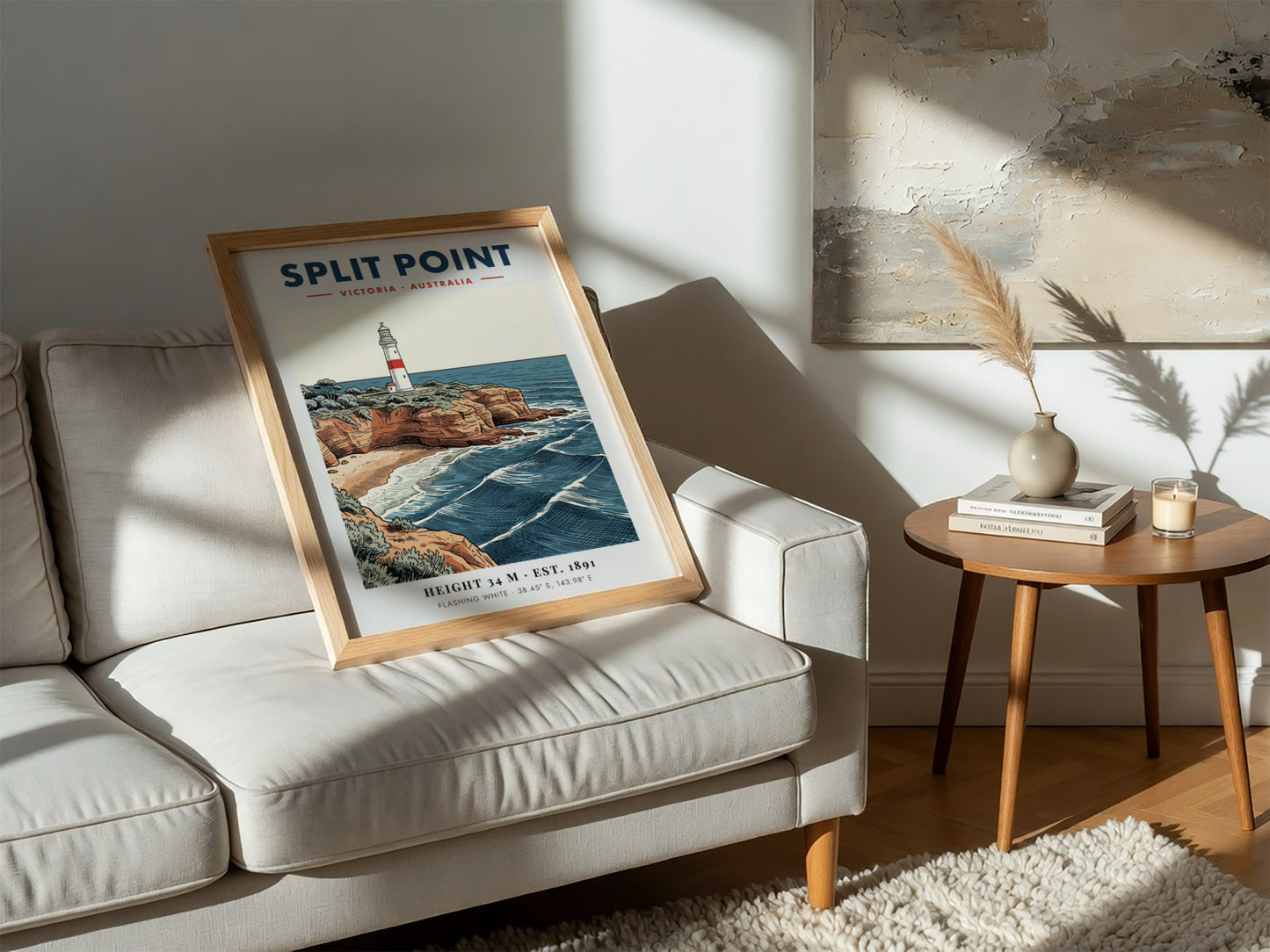 Poster of Split Point lighthouse in Victoria, Australia, featuring rugged cliffs and waves.