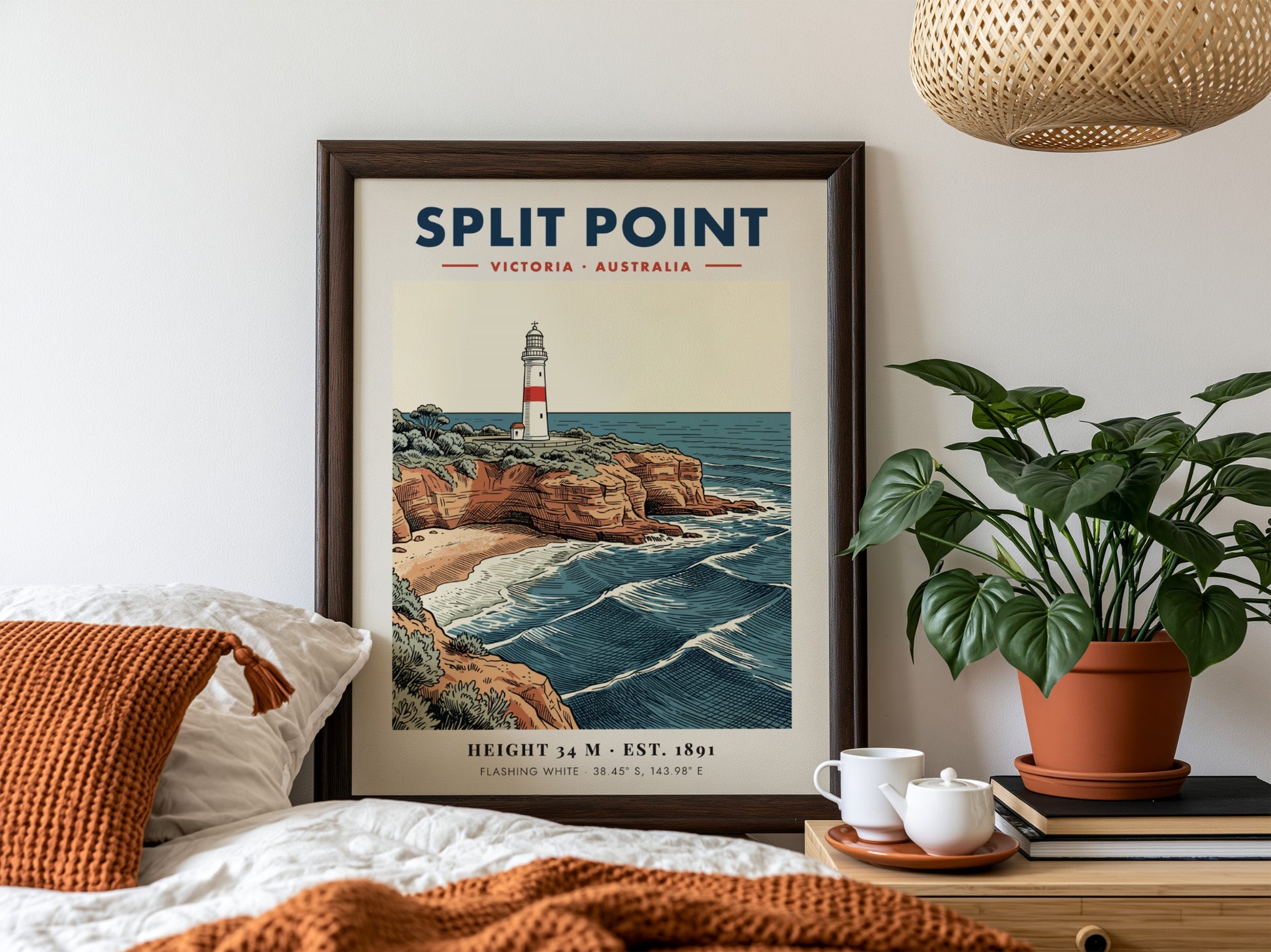 Poster of Split Point lighthouse in Victoria, Australia, featuring rugged cliffs and waves.
