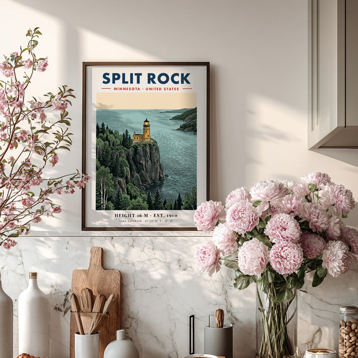 Poster of Split Rock Lighthouse in Minnesota overlooking the blue Lake Superior water