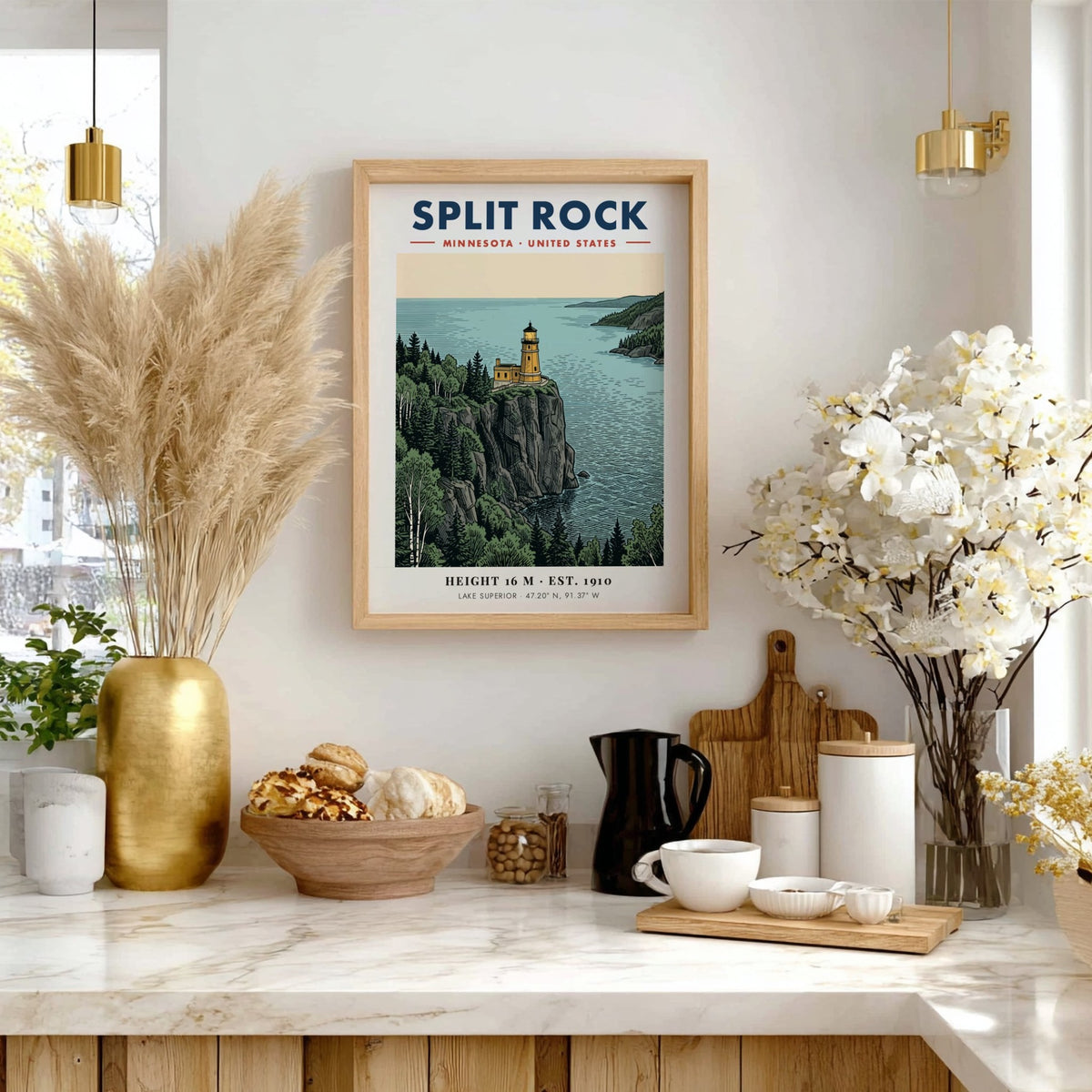 Poster of Split Rock Lighthouse in Minnesota overlooking the blue Lake Superior water