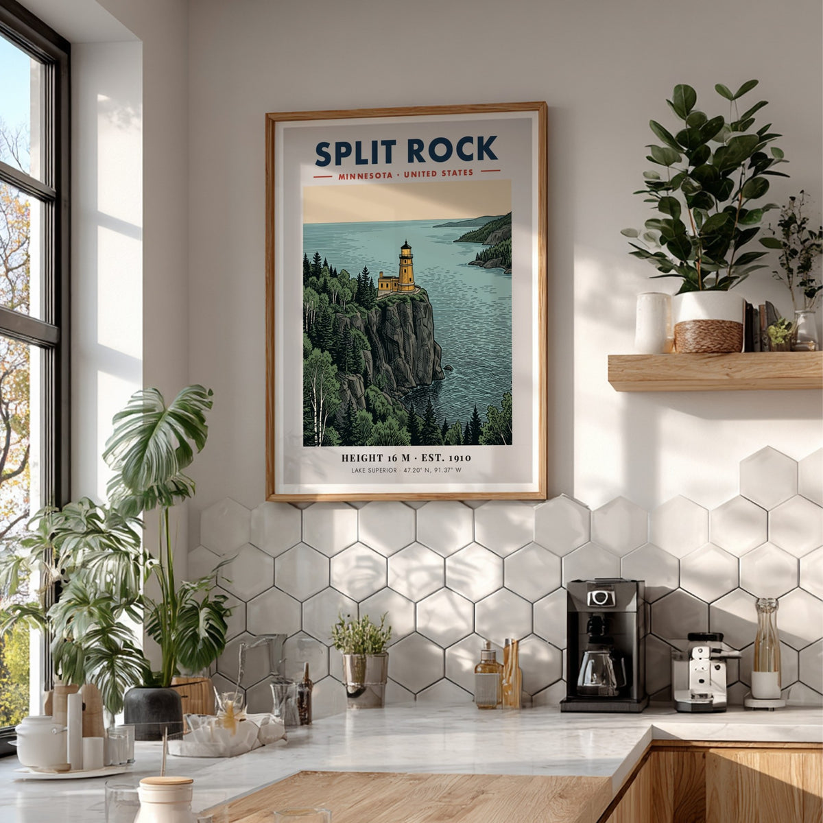 Poster of Split Rock Lighthouse in Minnesota overlooking the blue Lake Superior water