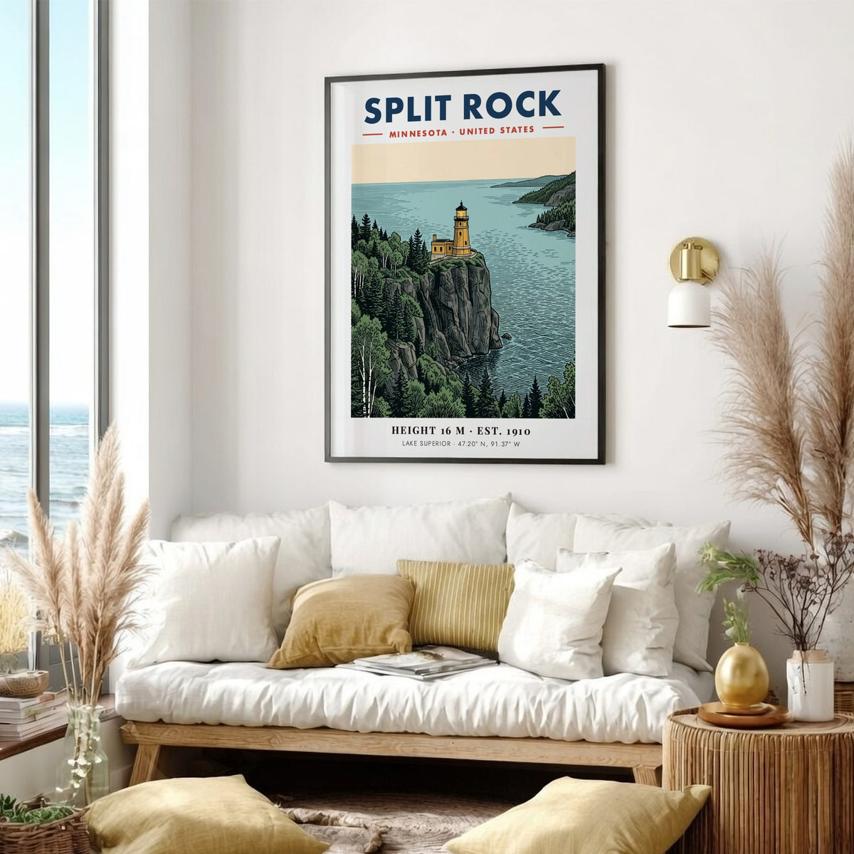 Poster of Split Rock Lighthouse in Minnesota overlooking the blue Lake Superior water