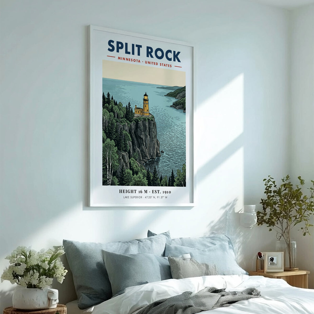 Poster of Split Rock Lighthouse in Minnesota overlooking the blue Lake Superior water