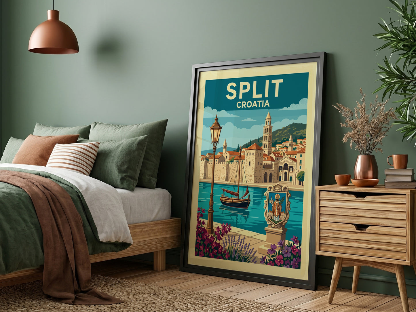 Split Croatia travel poster featuring Diocletian's Palace, sailboat, and flowers in a retro illustrative
