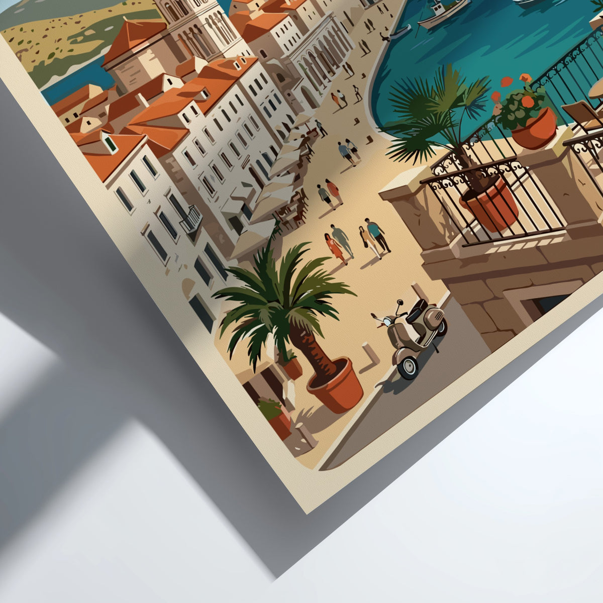 Poster of Split Croatia featuring a coastal harbor, bell tower, and Mediterranean architecture.