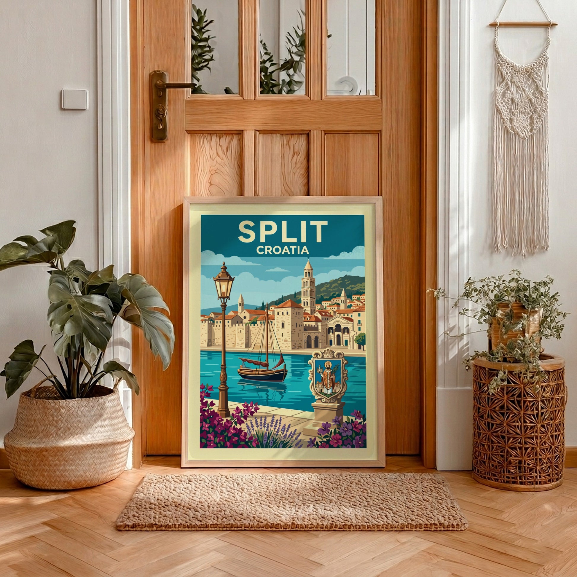 Split Croatia travel poster featuring Diocletian's Palace, sailboat, and flowers in a retro illustrative
