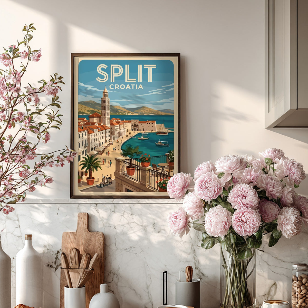 Poster of Split Croatia featuring a coastal harbor, bell tower, and Mediterranean architecture.