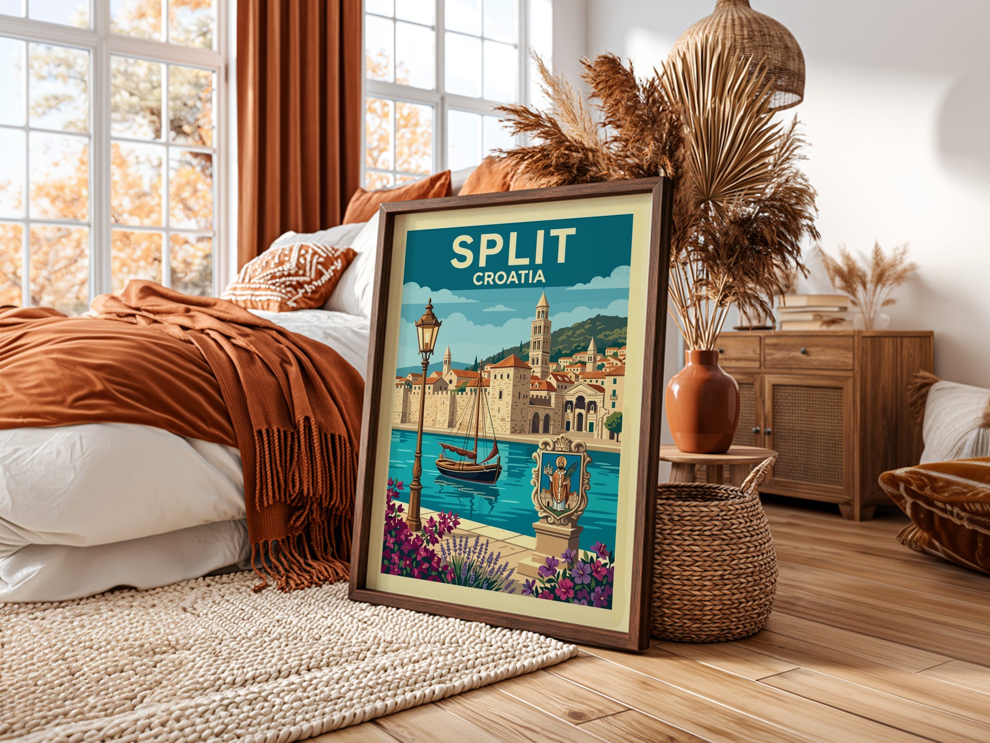 Split Croatia travel poster featuring Diocletian's Palace, sailboat, and flowers in a retro illustrative