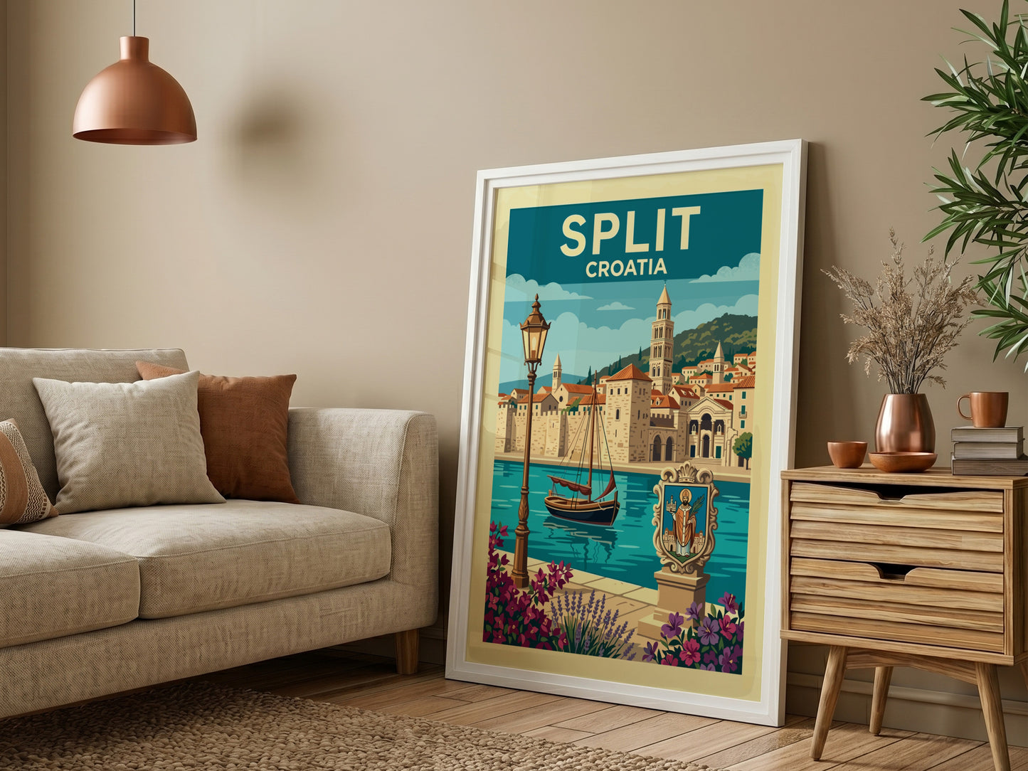 Split Croatia travel poster featuring Diocletian's Palace, sailboat, and flowers in a retro illustrative