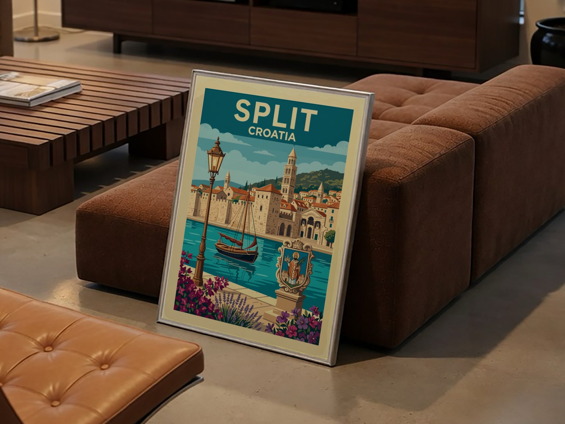 Split Croatia travel poster featuring Diocletian's Palace, sailboat, and flowers in a retro illustrative
