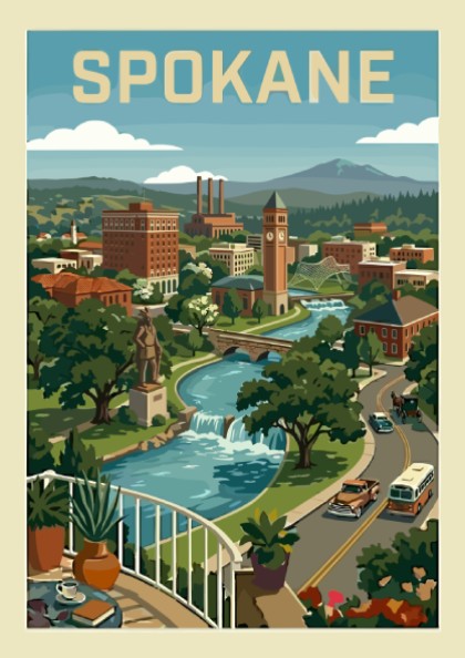 Vintage style poster of Spokane cityscape with river, clock tower, and buildings in a warm color palette.