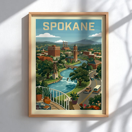 Vintage style poster of Spokane cityscape with river, clock tower, and buildings in a warm color palette.
