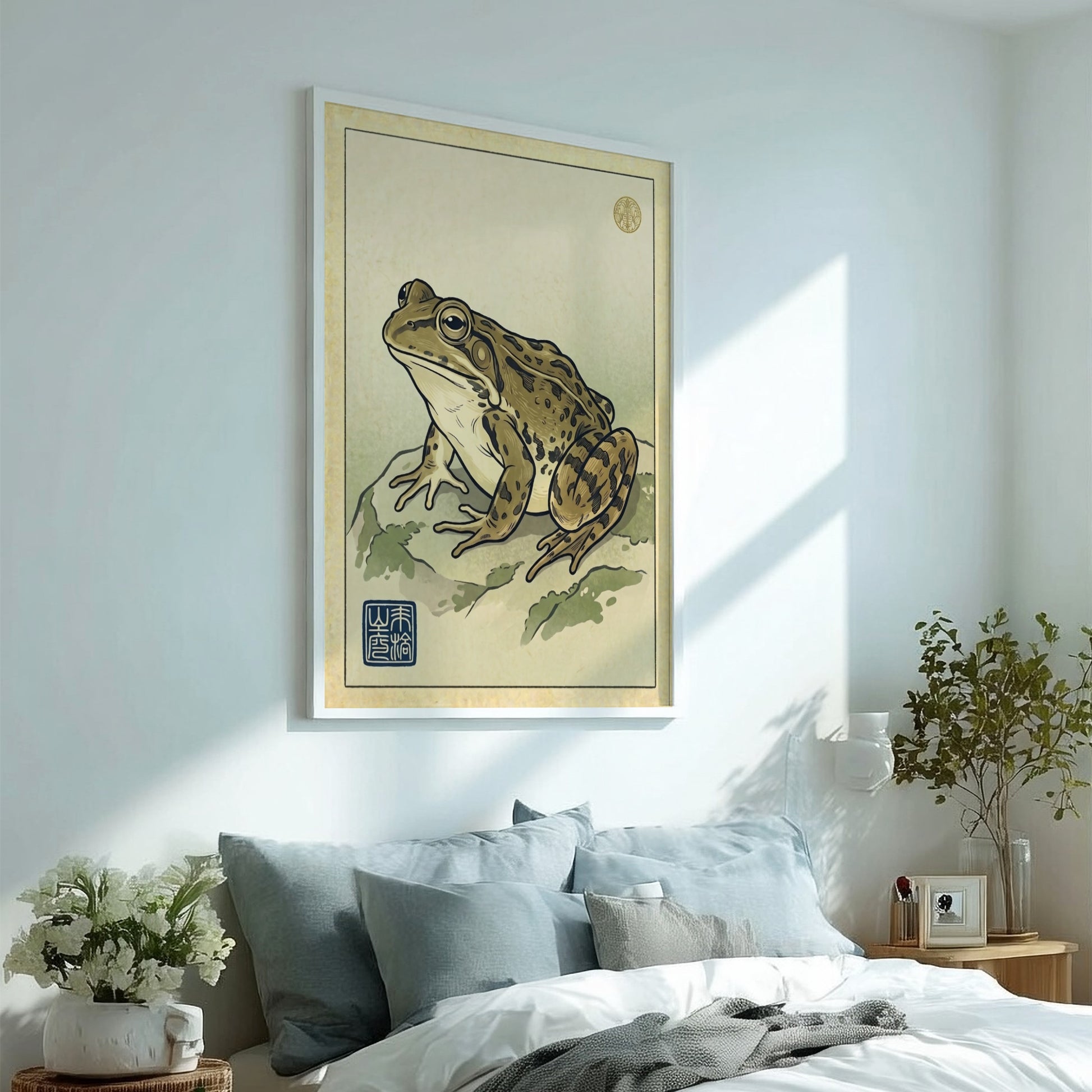 Spotted frog study poster in Japanese art style with earthy tones and detailed illustration