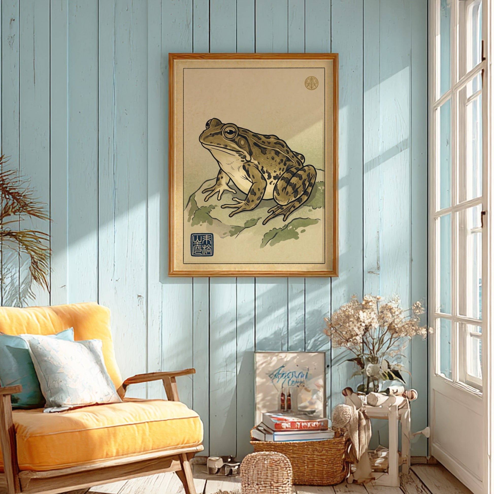 Spotted frog study poster in Japanese art style with earthy tones and detailed illustration