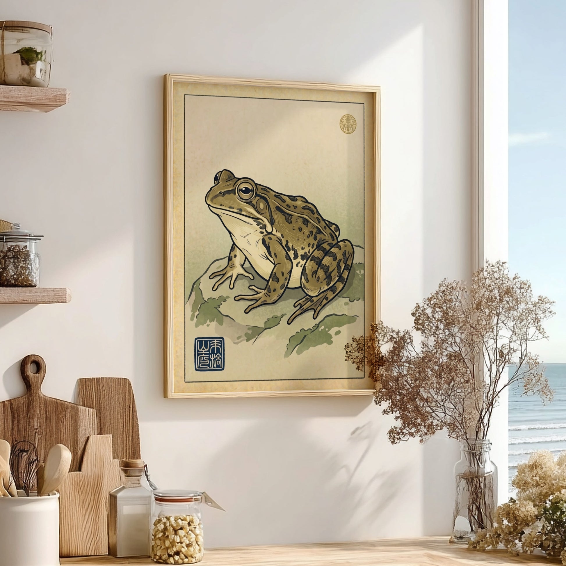 Spotted frog study poster in Japanese art style with earthy tones and detailed illustration