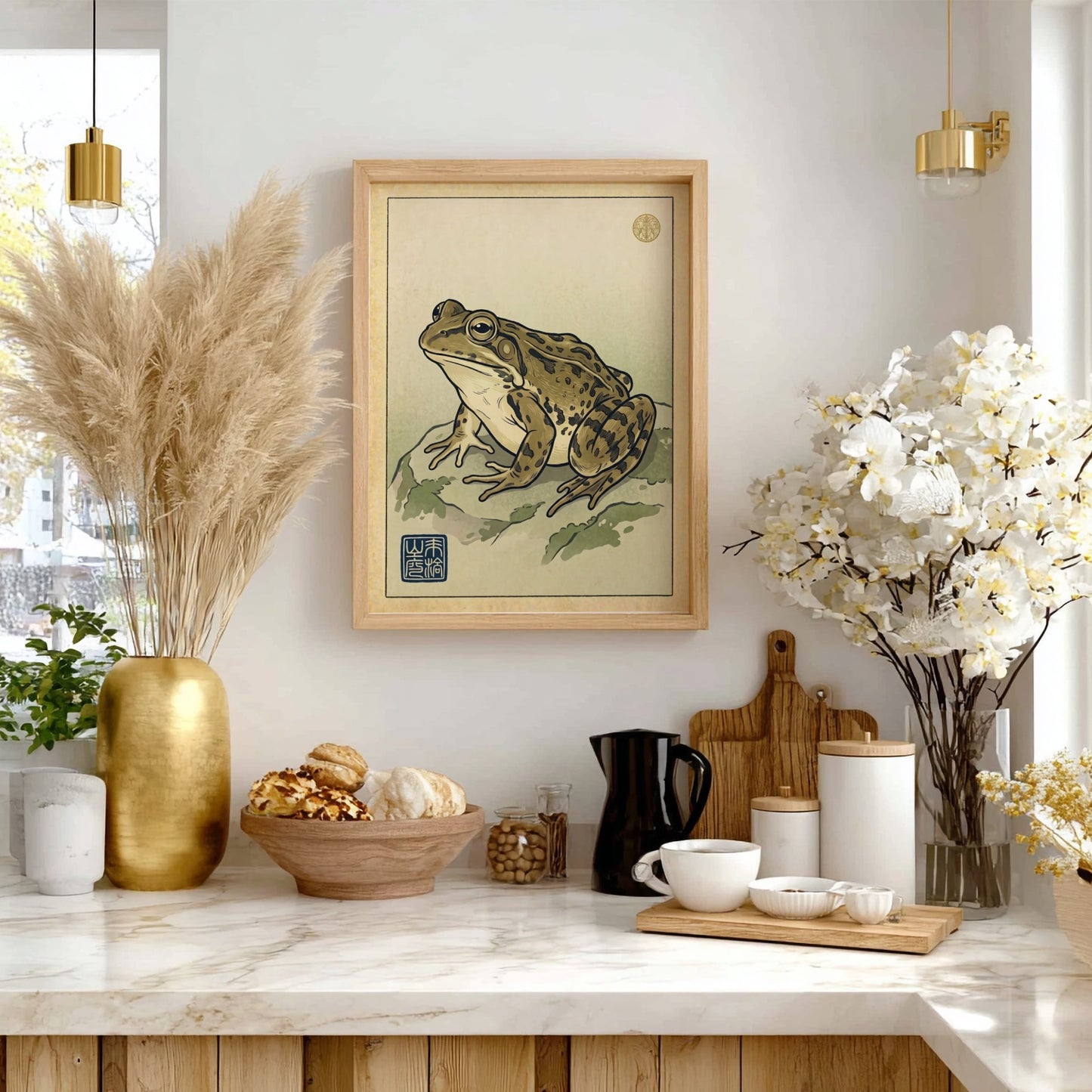 Spotted frog study poster in Japanese art style with earthy tones and detailed illustration