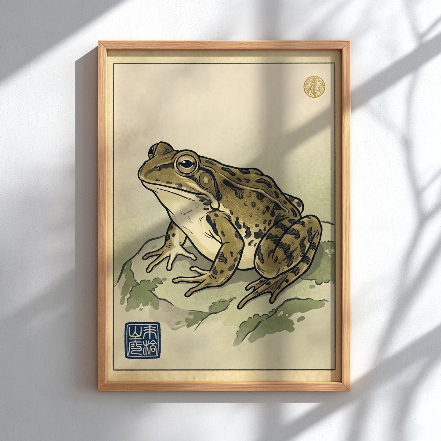 Spotted frog study poster in Japanese art style with earthy tones and detailed illustration